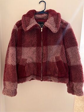 GAP Women's Plush Teddy Zip Jacket - Deep Red and Blush Pink